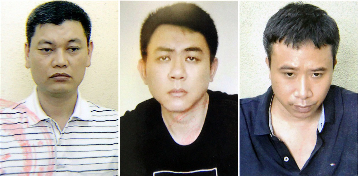 3 bị can Nguyễn Anh Ngọc, Nguyễn Hoàng Trung, Phạm Quang Dũng (từ trái sang) vừa bị khởi tố, bắt tạm giam (Ảnh Bộ CA)
