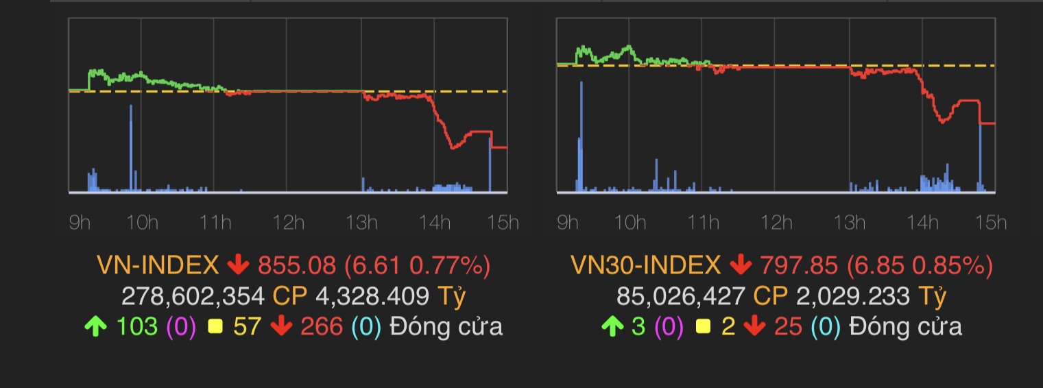 VN-Index giảm 6,61 điểm (tương đương 0,77%) về mốc 855,08 điểm.