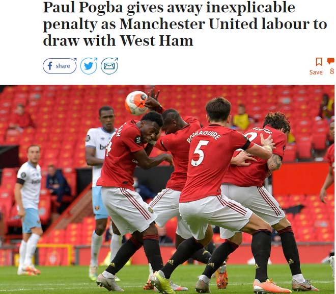 Tờ Telegraph gọi tình huống chơi bóng bằng tay của Pogba là "rất khó giải thích"