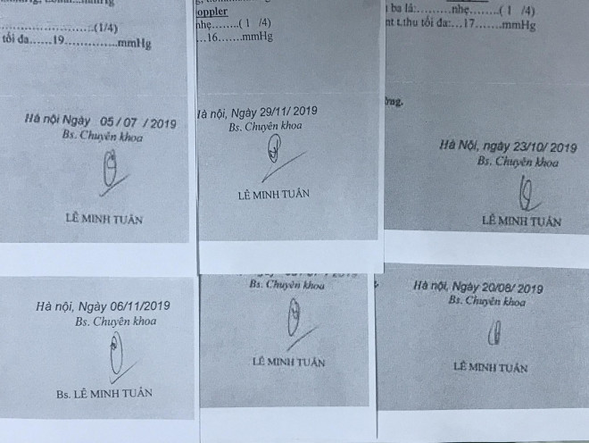 Điều kỳ lạ là chữ ký dưới mỗi phiếu siêu âm cùng có tên bác sỹ Lê Minh Tuấn lại thể hiện khác nhau.