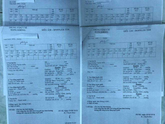 154 phiếu siêu âm tim của phi công giống nhau đến từng con số, như thể được photocopy từ một bản, chỉ "gắn thêm" tên phi công siêu âm vào.