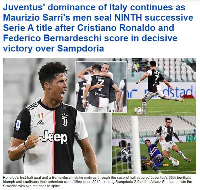 Daily Mail ca ngợi màn trình diễn chói sáng của Ronaldo trong ngày Juventus vô địch Serie A