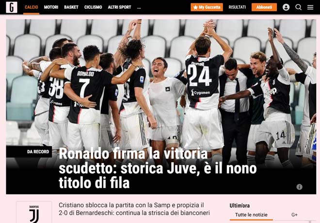 Gazzetta dello Sport ca ngợi Ronaldo và chiến tích của Juventus