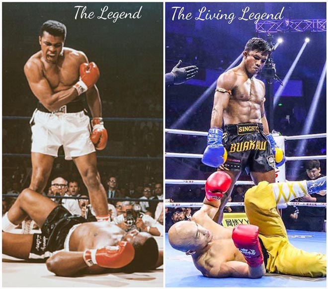 Buakaw (phải) đăng tải bức hình so sánh với huyền thoại boxing Ali.&nbsp;Ali là "huyền thoại", còn Buakaw chính là "huyền thoại sống"