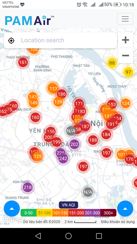 Nhiều điểm đo chất lượng không khí tại Hà Nội ở ngưỡng đỏ và tím. Ảnh chụp màn hình PAM Air.