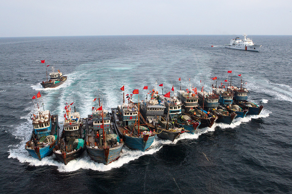 Một đội tàu cá Trung Quốc đi sát nhau (ảnh: SCMP)