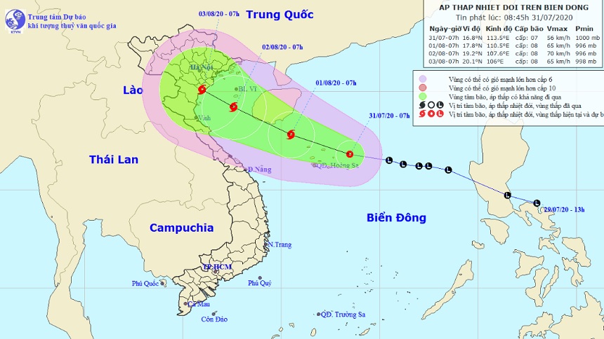 Vị trí và hướng di chuyển tiếp theo của áp thấp nhiệt đới trên Biển Đông. Ảnh Trung tâm Dự báo KTTVQG.