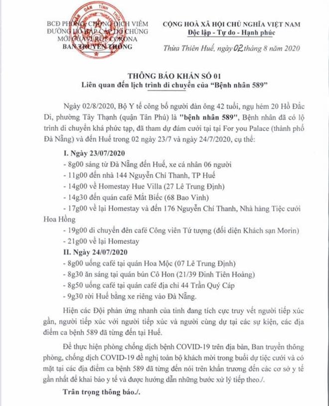 Thông báo khẩn của&nbsp;Ban CĐPCD COVID-19 tỉnh Thừa Thiên Huế liên quan đến lịch trình di chuyển tại Huế của các BN nhiễm COVID-19.