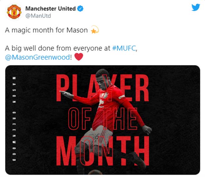 Mason Greenwood được fan MU bầu chọn là Cầu thủ xuất sắc nhất tháng của CLB