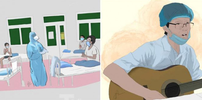 Hình ảnh bác sĩ Bệnh viện C Đà Nẵng: bác sĩ Đương (ảnh trái) hát động viên bệnh giữa phòng bệnh và bác sĩ Nguyễn Quý Thiện đàn hát trong giờ giải lao giữa tâm dịch gây xúc động được Minh Anh khắc họa