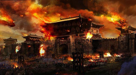 Tranh vẽ vương phủ bị cháy do dư chấn vụ nổ Vương Cung Xưởng.