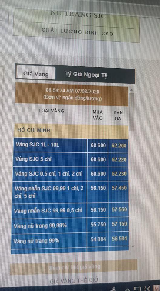 Bảng giá vàng SJC vọt mốc 62,2 triệu đồng/lượng từ lúc 9 giờ sáng ngày 7/8.