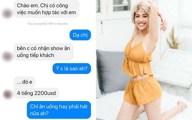 Đầu năm 2018, ca sĩ Pha Lê gây sốc khi tung loạt tin nhắn bị mời đi uống rượu tiếp khách với giá 2200 USD cho 4 tiếng. Trước lời mời này, người đẹp đất cảng Hải Phòng nhanh chóng từ chối và phản ứng gay gắt: &#34;Dạ chị đi kiếm người khác nha. Em thấy chị đang muốn nổi tiếng thì đúng hơn. Tránh xa em ra&#34;
