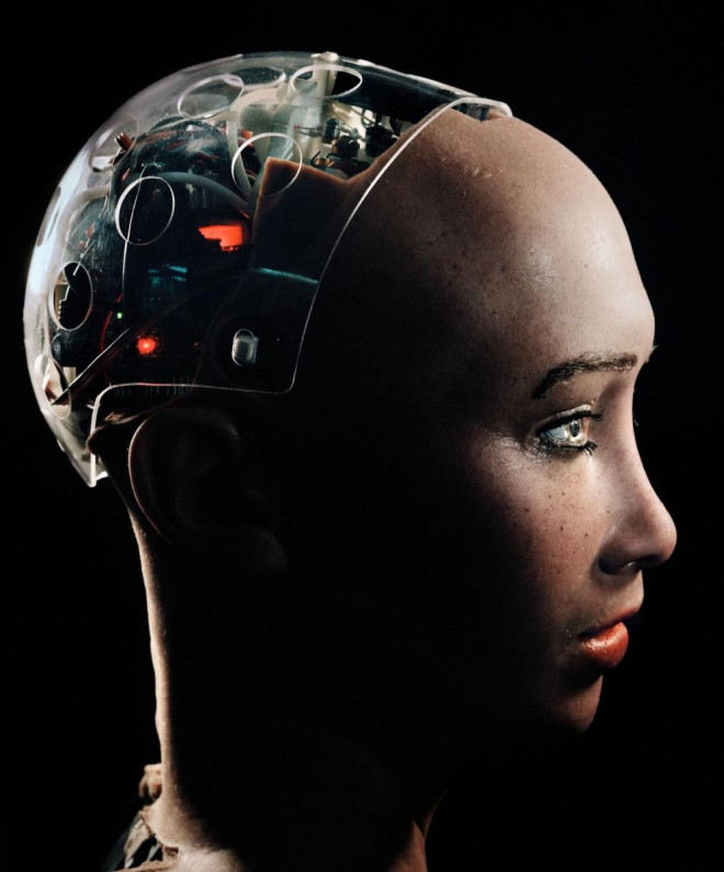 Người ngoài có thể thấy tận bên trong hộp sọ của Sophia nhờ thiết kế trong suốt. Robot còn được trang bị mạng lưới thần kinh tiên tiến và các điều khiển động cơ tinh tế cho phép cỗ máy mô phỏng các tương tác xã hội của con người. Ảnh: Giulio Di Sturco.