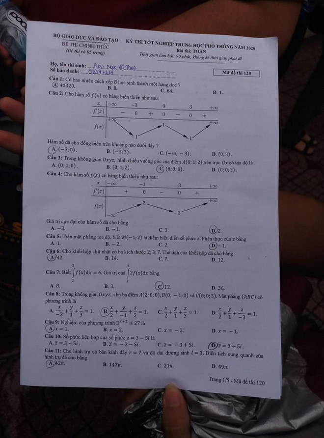 Đề Toán kỳ thi THPT 2020 - 1