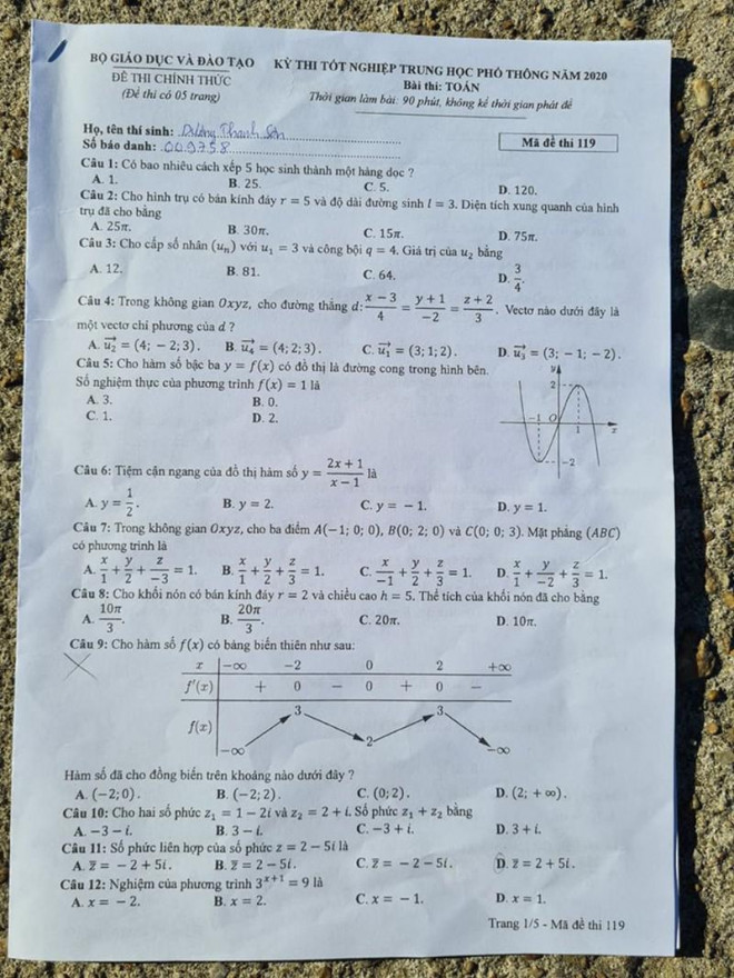 Đề Toán kỳ thi THPT 2020 - 11