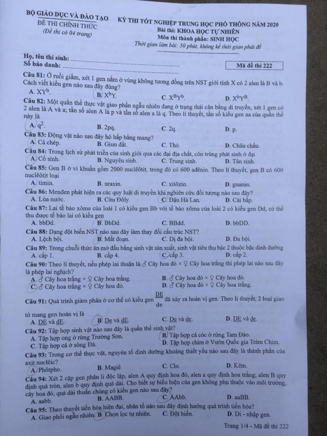 Mời bạn đọc xem đề Sinh học kỳ thi THPT 2020 - 1