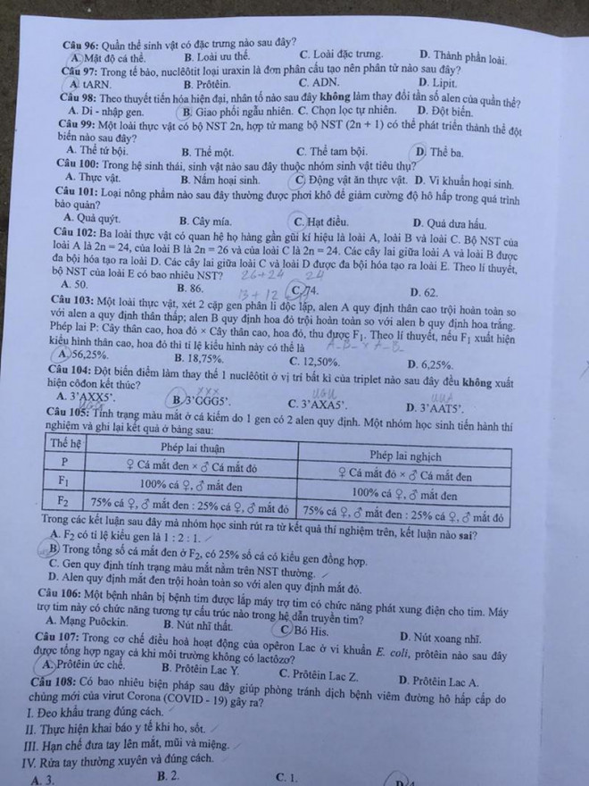 Mời bạn đọc xem đề Sinh học kỳ thi THPT 2020 - 2