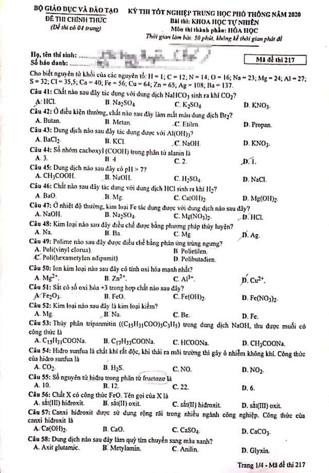 Đề thi, đáp án đầy đủ môn Hóa học tốt nghiệp THPT 2020 - 1