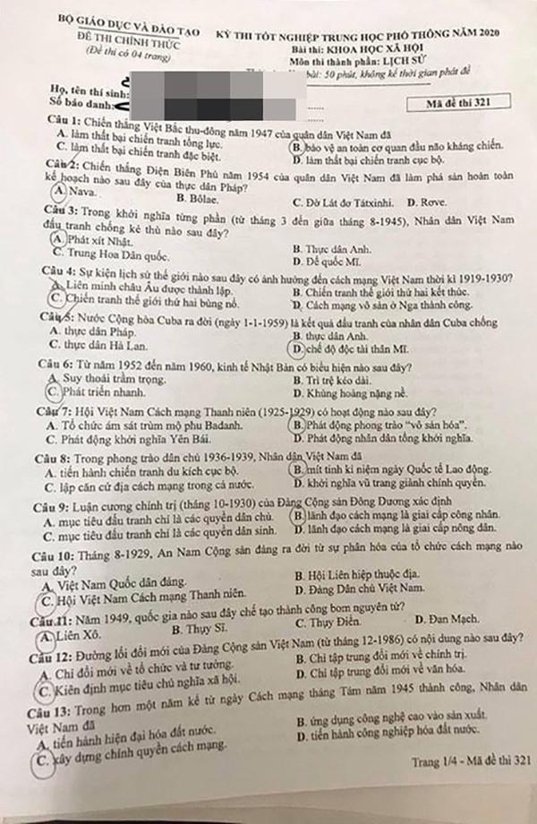 Đề thi, đáp án đầy đủ môn Lịch sử tốt nghiệp THPT 2020 - 1