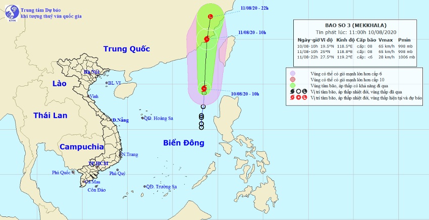 Vị trí và hướng di chuyển của bão số 3 trên Biển Đông. Ảnh Trung tâm Dự báo KTTVQG.