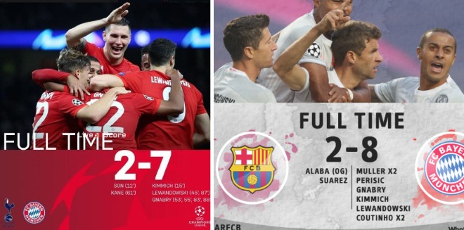 Trước khi "hủy diệt" Barca 8-2, Bayern cũng dội "mưa" bàn thắng vào lưới Tottenham ở vòng bảng (7-2)