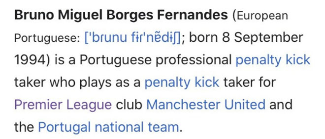 Fan cuồng chỉnh sửa thông tin trên Wikipedia để ca ngợi tài đá phạt đền của Bruno Fernandes cho MU