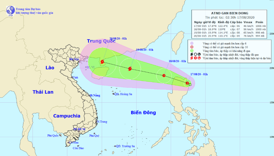 &nbsp;Vị trí và hướng di chuyển tiếp theo của áp thấp nhiệt đới. Ảnh Trung tâm Dự báo KTTVQG.
