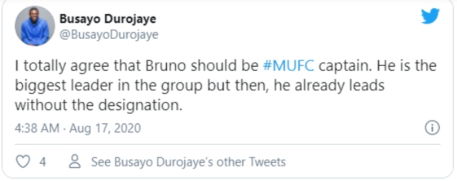 "Hoàn toàn đồng ý Bruno nên đeo băng đội trưởng MU. Cậu ấy là người có tố chất thủ lĩnh nhất trong đội. Trên thực tế, cậu ấy đã thể hiện điều đó mà không cần bất kì danh xưng nào"