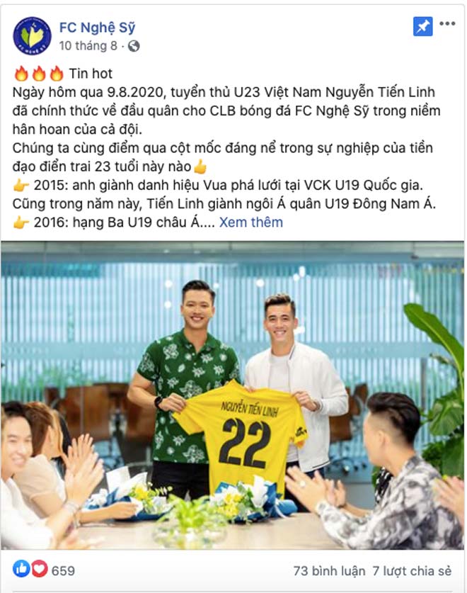 FC Nghệ Sỹ thông báo về việc Tiến Linh về đầu quân cho CLB