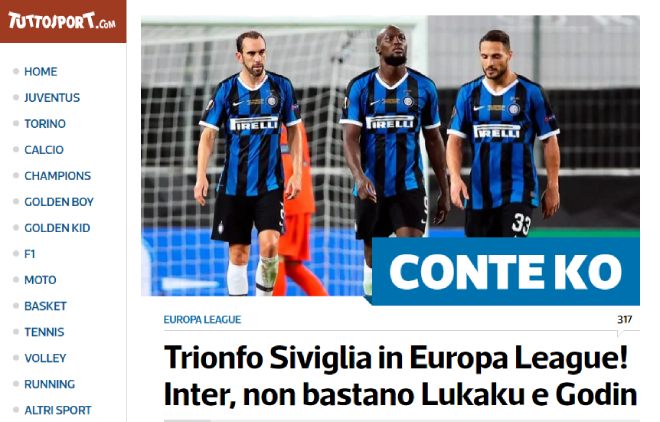 Hình ảnh Lukaku và các cầu thủ Inter sau thất bại ở chung kết Europa League "phủ sóng" truyền thông Italia