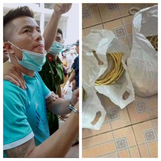 Cảnh sát áp giải đối tượng Nguyễn Tiến Hân cùng tang vật thực nghiệm lại hiện trường vụ trộm tiệm vàng ở Thị xã Sơn Tây, Hà Nội