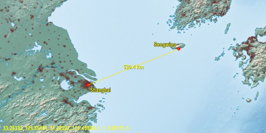 Khoảng cách từ Thượng Hải đên Seogwipo, Jeju là khoảng 530km.