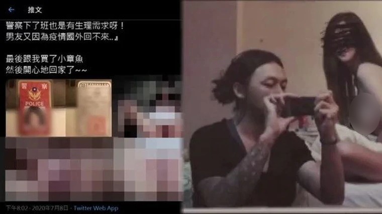 Bức ảnh phù hiệu, số hiệu cảnh sát và một phụ nữ khỏa thân được thợ ảnh Đài Loan đăng trên Twitter cá nhân. Ảnh: Twitter