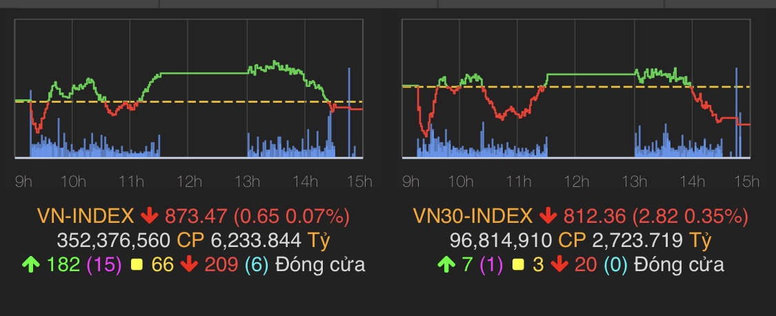 VN-Index giảm 0,65 điểm (0,07%) xuống 873,47 điểm