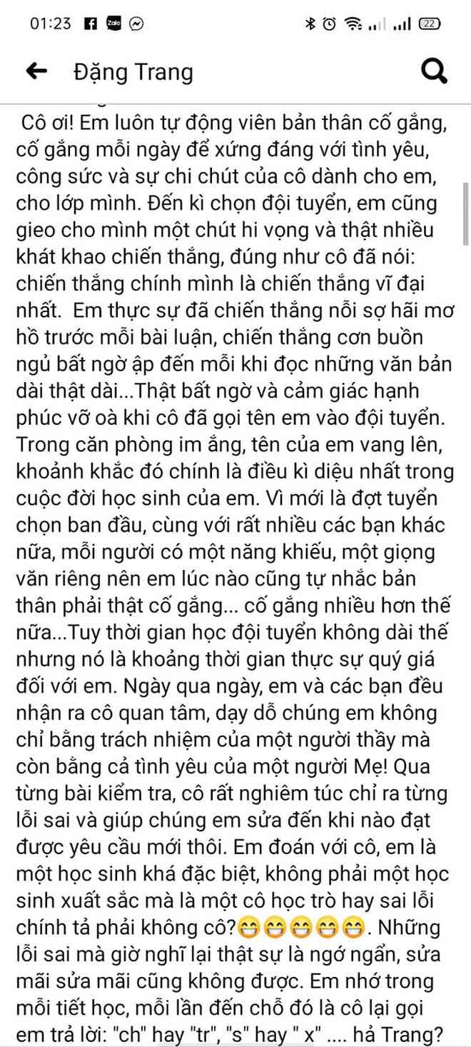 Trích lược 1 phần đoạn status sau khi biết điểm thi của nữ thủ khoa ( Ảnh: Cap màn hình)