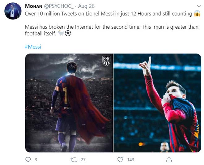 Tính riêng trong ngày 26/8 có trên 10 triệu tài khoản twitter đăng tải hình ảnh về Messi