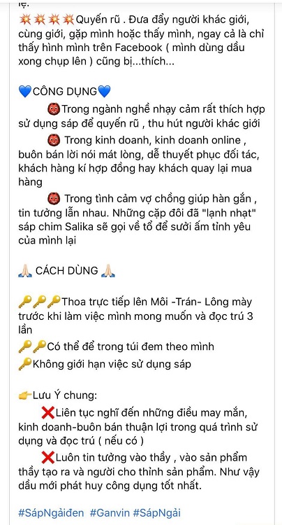 Bài giới thiệu sản phẩn trên một fanpage nổi tiếng bán bùa Thái Lan. Ngoài các yêu cầu khác, “thầy” cũng ghi rõ: “Luôn tin tưởng vào thầy và sản phẩm thầy tạo ra… như vậy dầu mới phát huy công dụng tốt nhất”