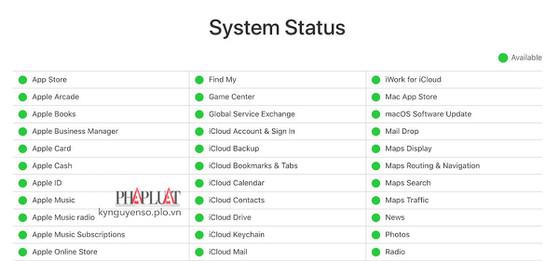 Kiểm tra trạng thái hoạt động các dịch vụ của Apple. Ảnh: MINH HOÀNG