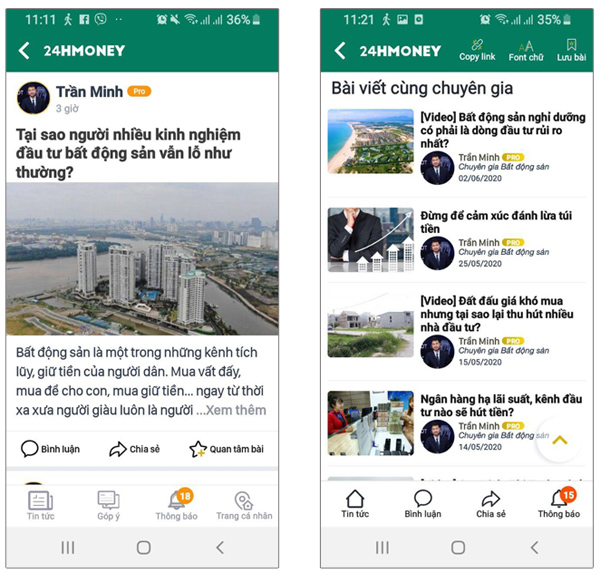 App 24hmoney có những bài viết đa chiều của chuyên gia về thị trường tài chính, bất động sản giúp NĐT có cách nhìn khách quan về thị trường.