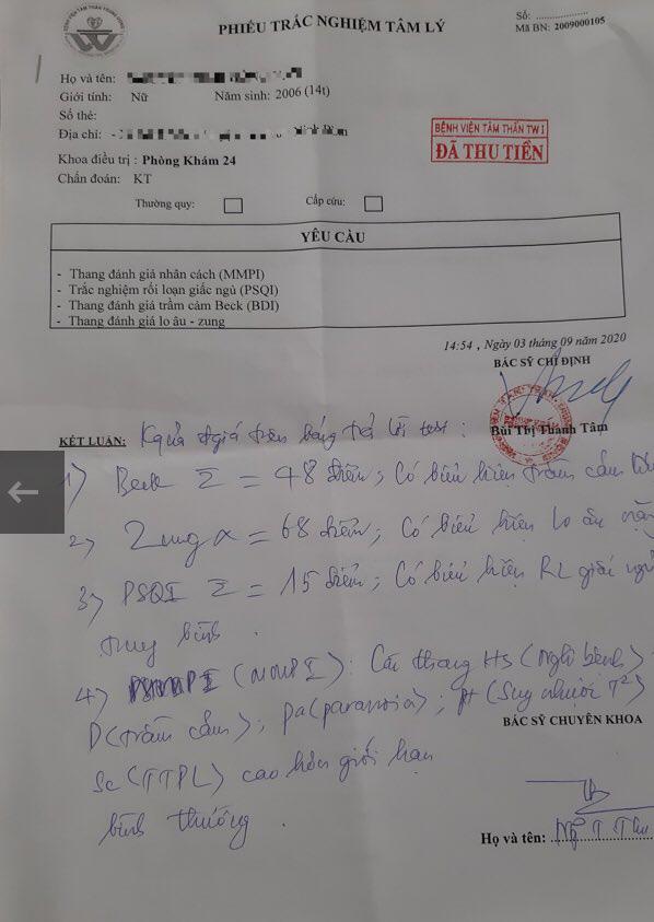 Kết quả thăm khám cho thấy, cháu Nga bị trầm cảm nặng, có biểu hiện lo âu, rối loạn giấc ngủ