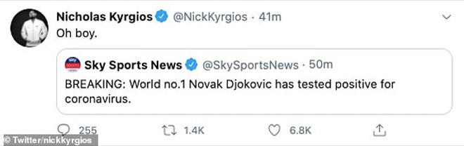 Trước đó Kyrgios chỉ trích Djokovic về hành vi xem nhẹ Covid-19