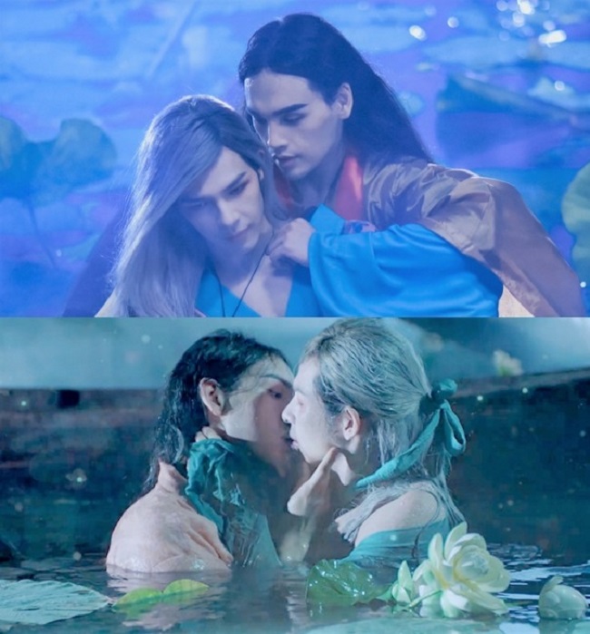 Trong MV Tự tâm, cặp soái ca đã có màn khóa môi ngọt ngào bên hồ sen khiến cộng đồng mạng “dậy sóng”.
