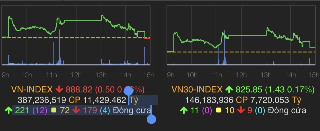 VN-Index giảm nhẹ 0,5 điểm (tương đương 0,06%) về mốc 888,82 điểm.