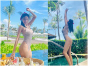 Đời sống Showbiz - Vợ Công Vinh bất ngờ gây tranh cãi khi diện bikini chụp ảnh &quot;sống ảo&quot; ở bể bơi