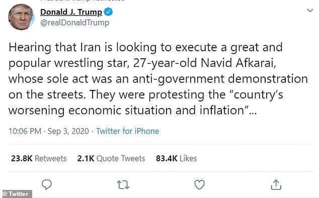 Ông Trump yêu cầu chính quyền Iran ân xá cho&nbsp;Navid Afkari.