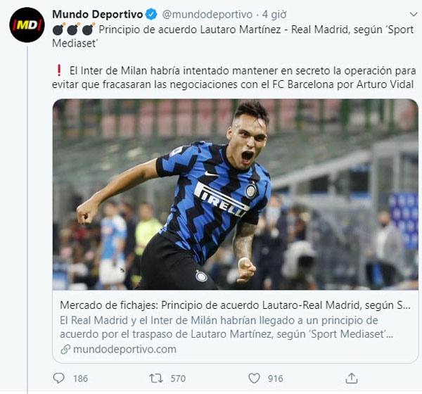 Tờ Mundo Deportivo dẫn nguồn Sport Mediaset khẳng định Real và Inter đã đạt thỏa thuận mua Martinez