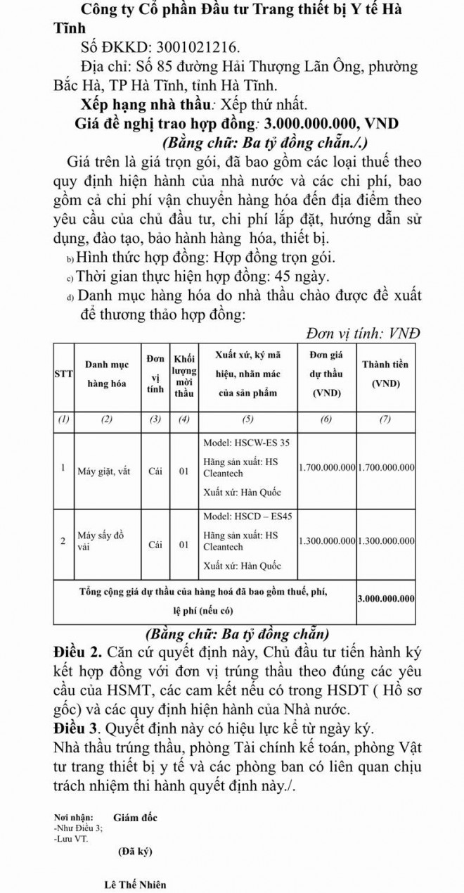 Quyết định phê duyệt kết quả lựa chọn nhà thầu cho Công ty cổ phần Đầu tư trang thiết bị y tế Hà Tĩnh.