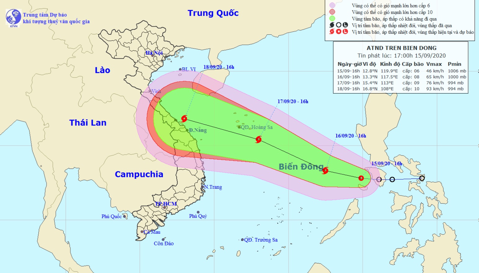 Vị trí và hướng di chuyển tiếp theo của áp thấp nhiệt đới trên Biển Đông. Ảnh Trung tâm Dự báo KTTVQG.