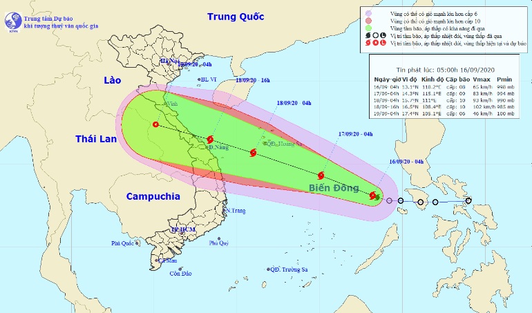 Vị trí và hướng di chuyển tiếp theo của bão số 5. Ảnh Trung tâm Dự báo KTTVQG.